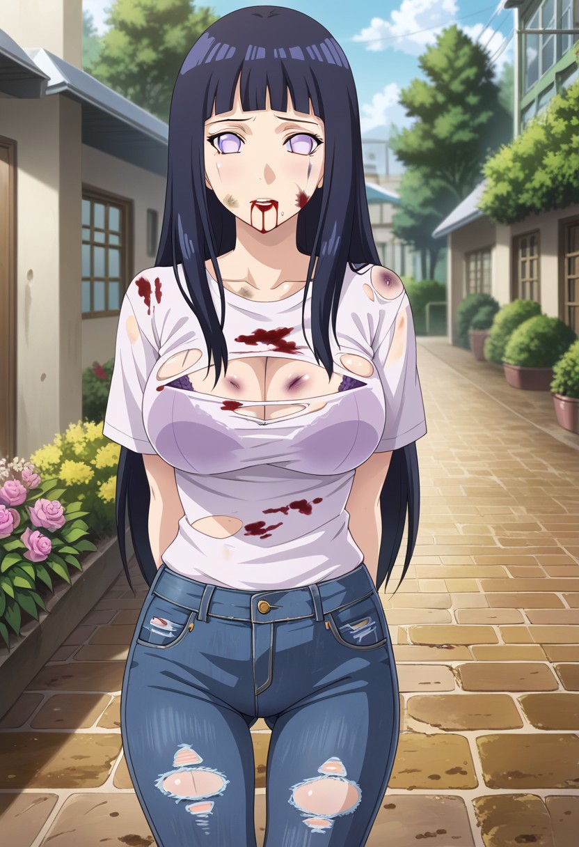 ai_generated arms_behind_back big_breasts black_hair blood blood_in_mouth blood_on_body blood_on_breasts blood_on_face bra civitai damaged_clothes dirt dirty hyuuga_hinata jeans large_breasts long_hair naruto naruto_(series) naruto_shippuden no_pupils ripped_clothing ripped_shirt scratches white_shirt