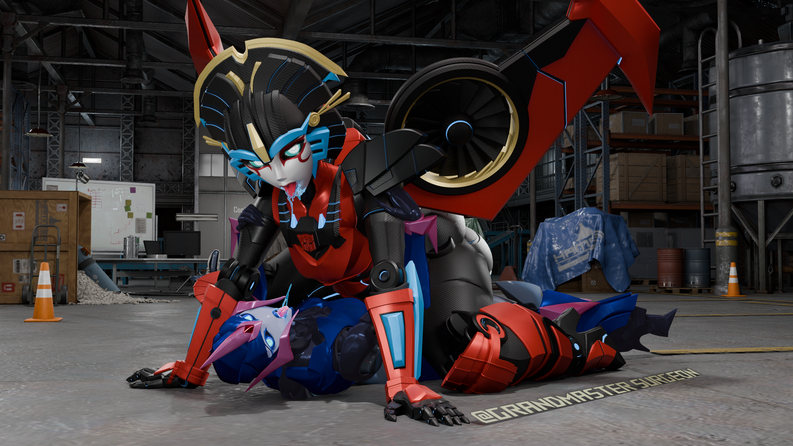 2girls, 3d, arcee, arcee (prime), drool, female, grandmastersurgeon, looking at viewer, robot, robot girl, robot humanoid, spit, spitswapping, transformers, trawert, windblade