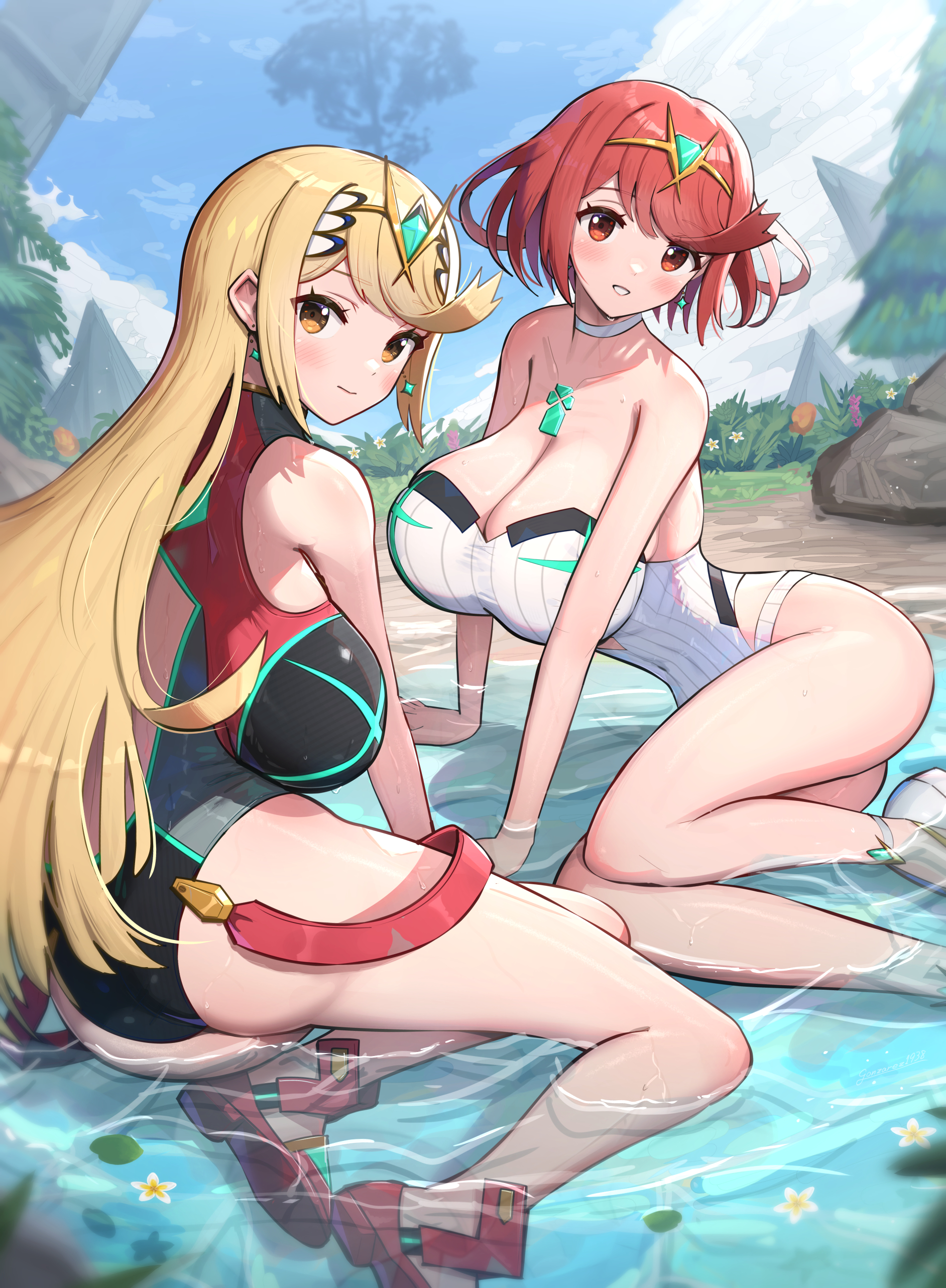2girls, alternate costume, ass, big breasts, blonde hair, breasts, core crystal, female, gonzarez, heels, long hair, looking at viewer, mythra, nintendo, one-piece swimsuit, outfit swap, pyra, red eyes, red hair, short hair, swimsuit, tiara, water, xenoblade (series), xenoblade chronicles 2, yellow eyes