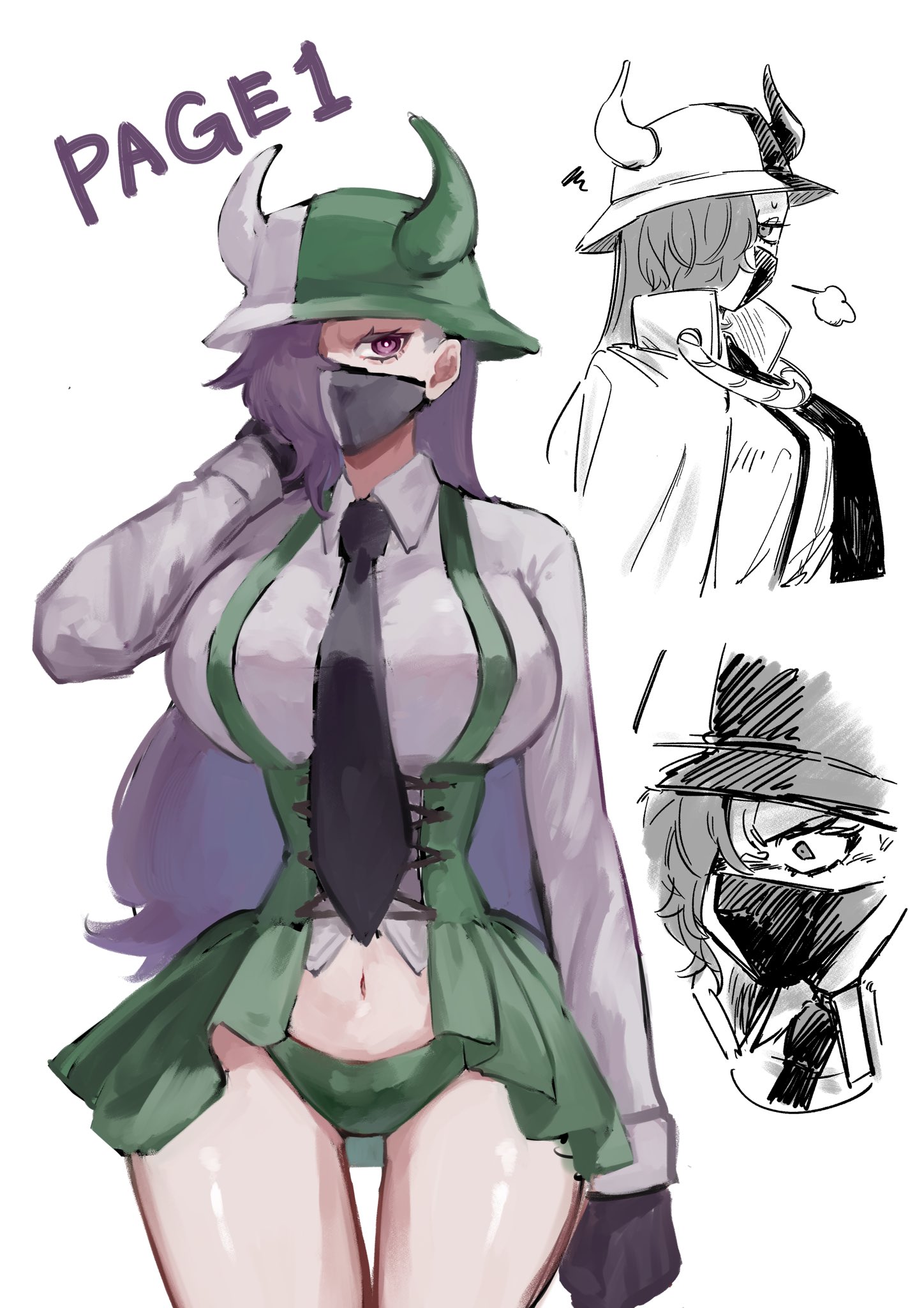 1girls, bare legs, bare thighs, big breasts, breasts, clothed, clothing, color, female, female focus, female only, hat, hi res, horns, large breasts, light skin, light-skinned female, long hair, looking at viewer, mask, ngo 102341, one piece, page one, purple eyes, purple hair, rule 63, shounen jump, solo, solo female, tagme, thick thighs