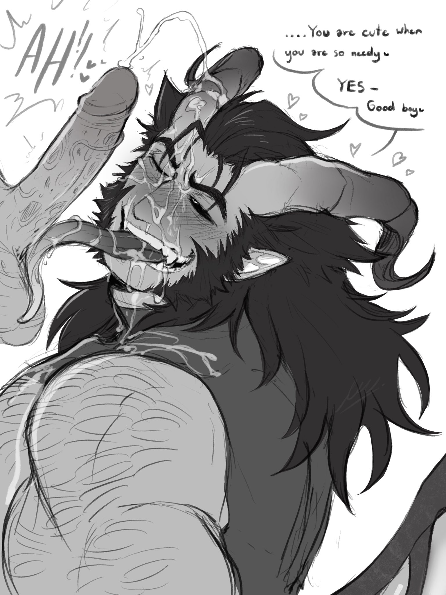 2boys, baimonbluewhale, balls, blush, cum, cum on face, deadpool, ejaculation, english text, facial, gay, hairy, hairy male, heart, horns, licking penis, logan (x-men), long tongue, male, male only, marvel, marvel comics, monochrome, penis, succubus, succubus horns, succubus wings, testicles, tongue out, wade wilson, wolverine (x-men), x-men, yaoi