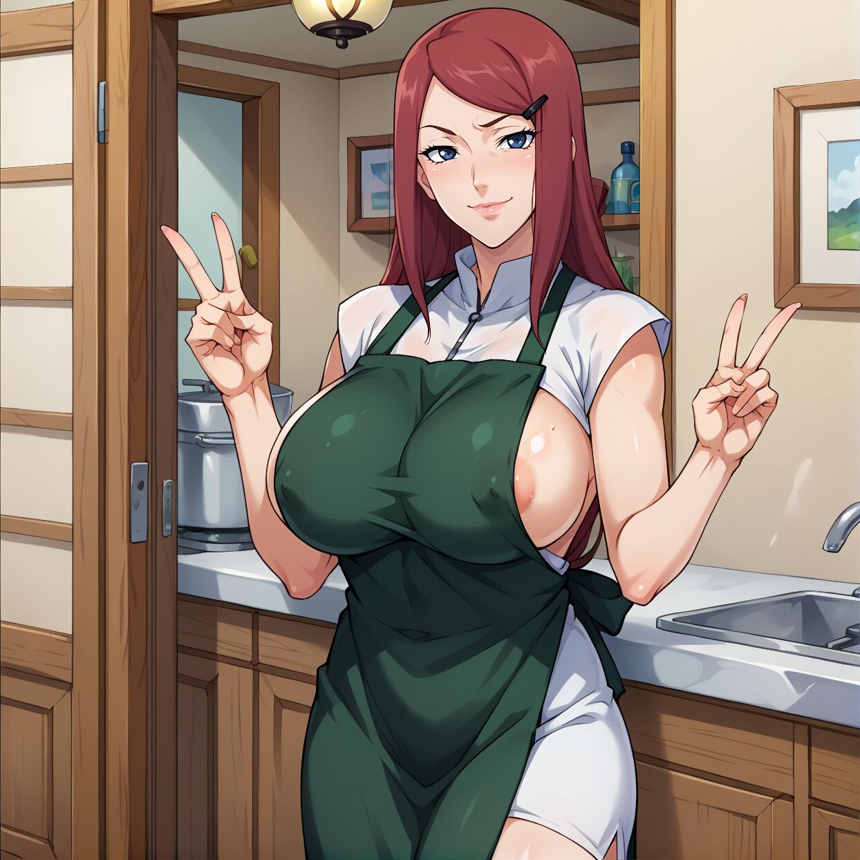 1girls ai_generated apron apron_only areola_slip areolae arms_crossed_under_breasts arms_under_breasts bare_chest bare_shoulders bare_thighs barely_clothed big_breasts blue_eyes blush breasts breasts_bigger_than_head child_bearing_hips double_peace_sign female female_only functionally_nude functionally_nude_female green_apron hair_ornament hairclip hands_on_hips hourglass_figure housewife huge_breasts indoors kitchen light-skinned_female light_skin long_hair looking_at_viewer mature mature_female milf mommy nai_diffusion naked_apron naruto naruto_(series) naruto_shippuden nipple_slip partially_clothed partially_clothed_female peace_sign pinup ps-ai red_hair sagging_breasts slim_waist stable_diffusion thick_thighs thighs upper_body uzumaki_kushina v_sign very_long_hair wide_hips wife