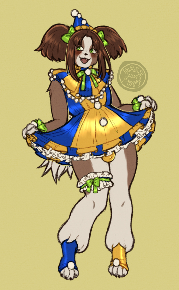 accessory anthro bow_ribbon brown_body brown_fur brown_hair canid canine canis clothed clothing dalipuff digital_media_(artwork) domestic_dog dress femboy fur green_eyes hair hair_accessory hair_ribbon hairbow male mammal ribbons shih_tzu solo toy_dog white_body white_fur