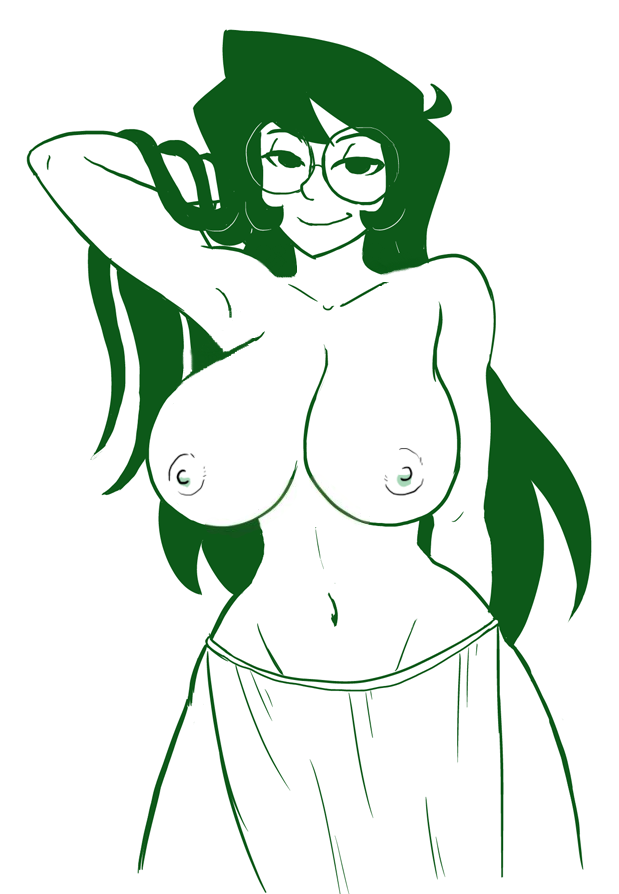 1girls breasts cleavage edit edited glasses grass green_eyes green_hair homestuck hula hula_skirt jade_harley large_breasts long_hair looking_at_viewer mindwipe ms_paint_adventures nipples nude_edit outline skirt smile solo third_party_edit white_background white_skin