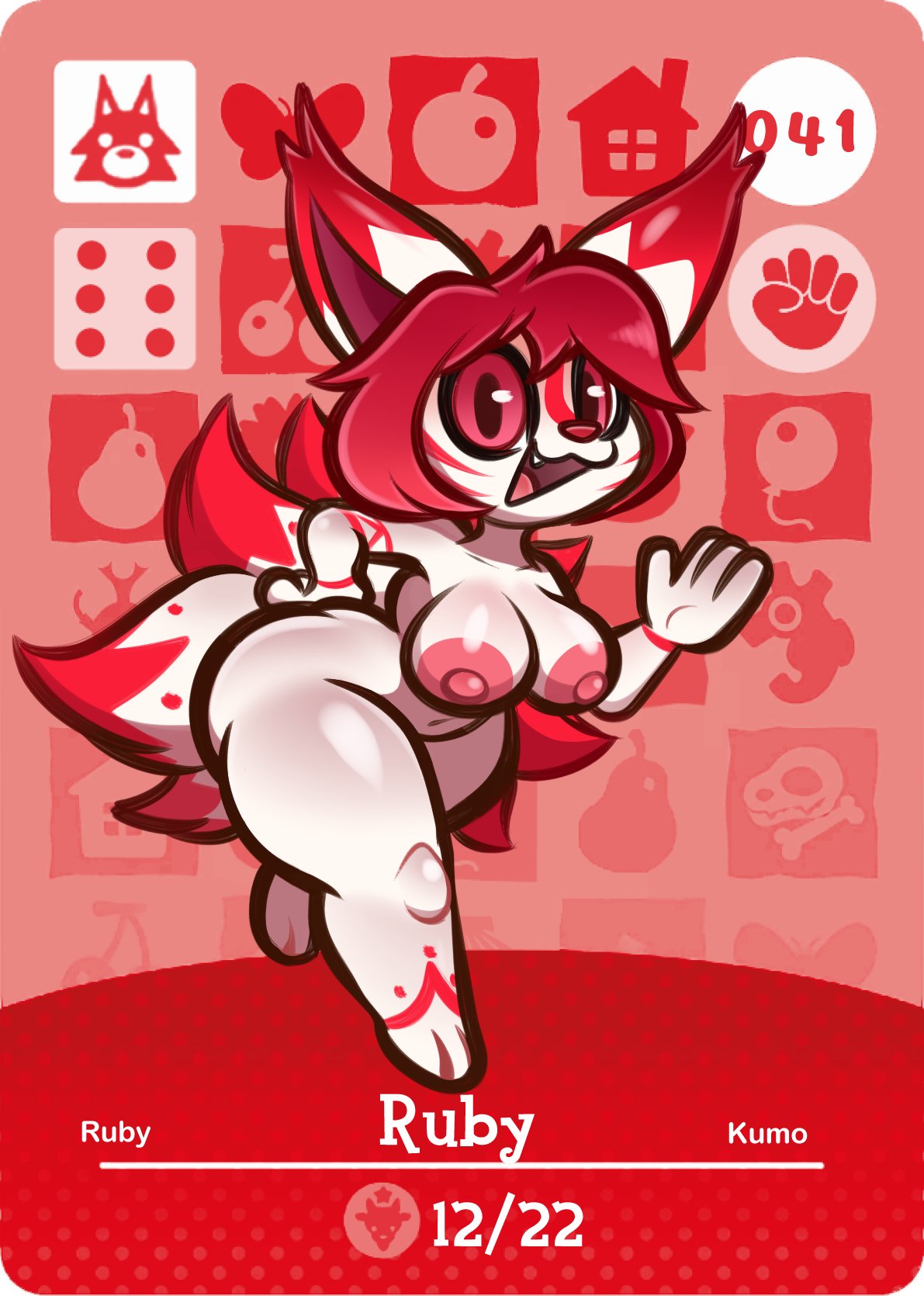 4_fingers amiibo_card anthro arturfox breasts canid canine card female fingers fox hair hi_res mammal nipples pink_nipples red_eyes red_hair solo thick_thighs white_body