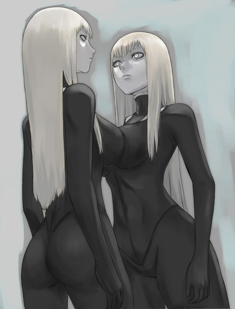 2girls, alicia (claymore), ass, beth (claymore), big ass, black bodysuit, blonde hair, bodysuit, breasts, claymore, clothing, female, large breasts, pale skin, platinum blonde hair, silver eyes, sisters, twins