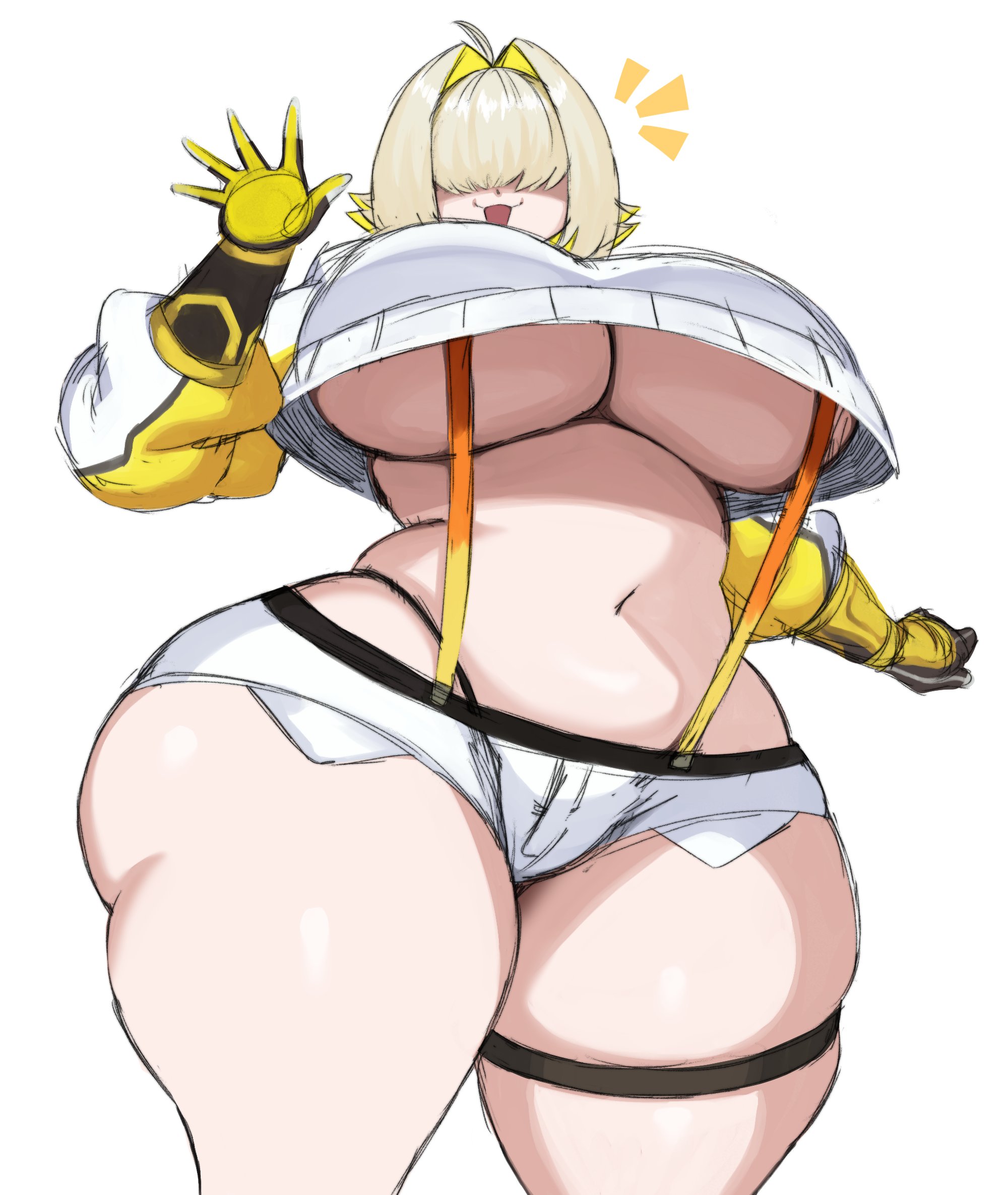 :3, :3d, 1girls, ass, big ass, big breasts, blonde hair, breasts, clothing, elegg (nikke), female, female only, goddess of victory: nikke, hair covering eyes, hair over eyes, no bra, panties, short shorts, shorts, solo, sssonic2, suspenders, thick thighs, thighband, underboob, waving, white background, wide hips
