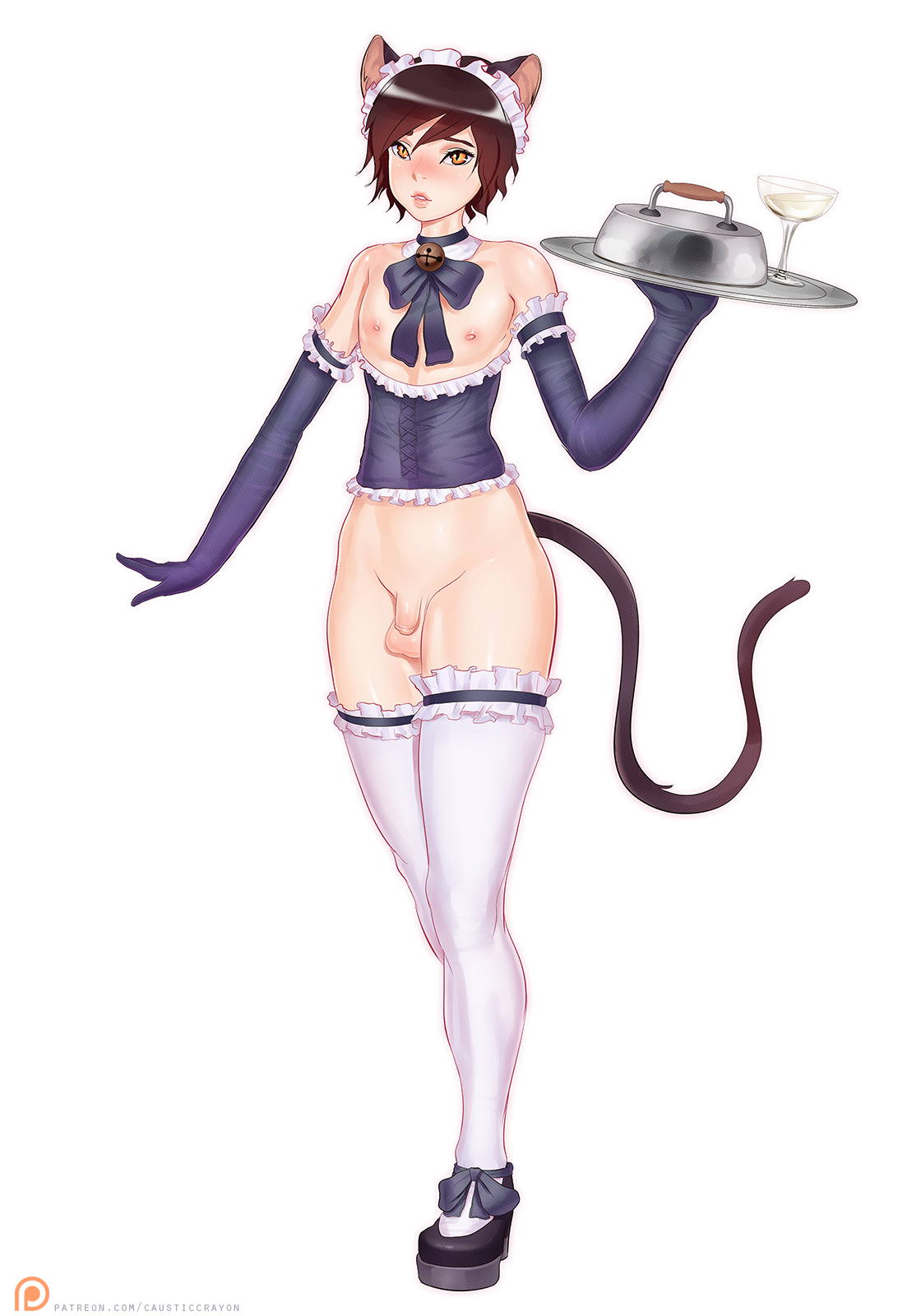 1boy, animal ears, balls, cat boy, catboy, causticcrayon, collar, corset, crossdressing, elbow gloves, eyelashes, eyeliner, femboy, flaccid, flat chest, frills, girly, gloves, hi res, lingerie, lipstick, long gloves, looking at viewer, maid, maid headdress, maid uniform, makeup, male, male only, nipples, penis, short hair, small penis, solo, stockings, tail, testicles, thighhighs, tiny penis, trap, wide hips