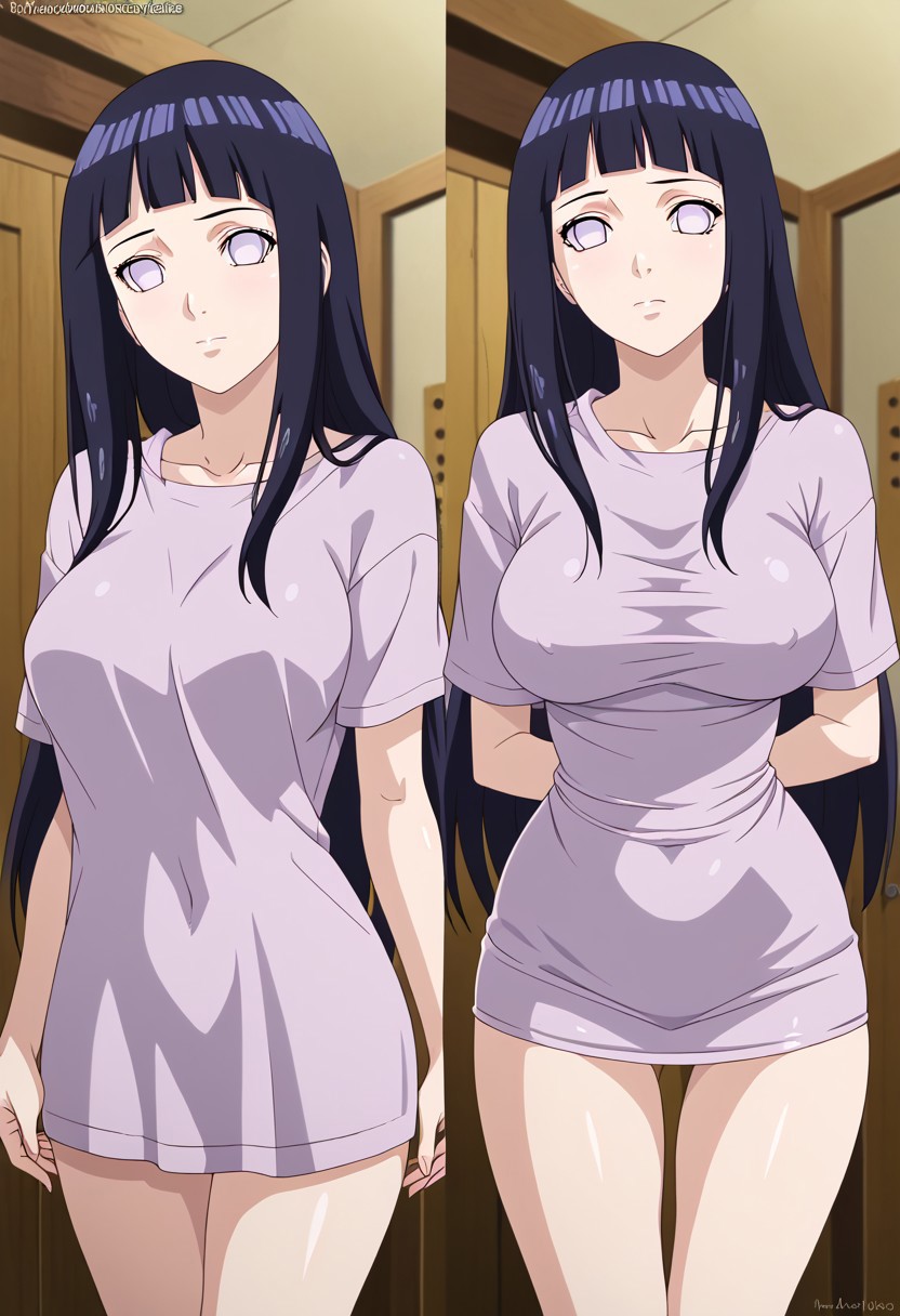 ai_generated big_breasts big_shirt black_hair civitai hidden_curves hyuuga_hinata large_breasts long_hair multiple_views naruto naruto_(series) naruto_shippuden no_pupils oversized_shirt pijama