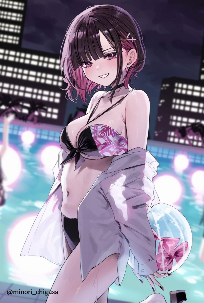 bare_arms bare_belly bare_legs bare_shoulders bare_thighs belly_button bikini black_bikini blush breasts chigusa_minori cleavage collarbone hair_ornament medium_breasts nail_polish night official_art open_mouth open_shirt outdoors poolside purple_eyes purple_hair shino_to_ren shiny_skin shirayuki_ren short_hair smile sweatdrop thighs wet_body white_shirt