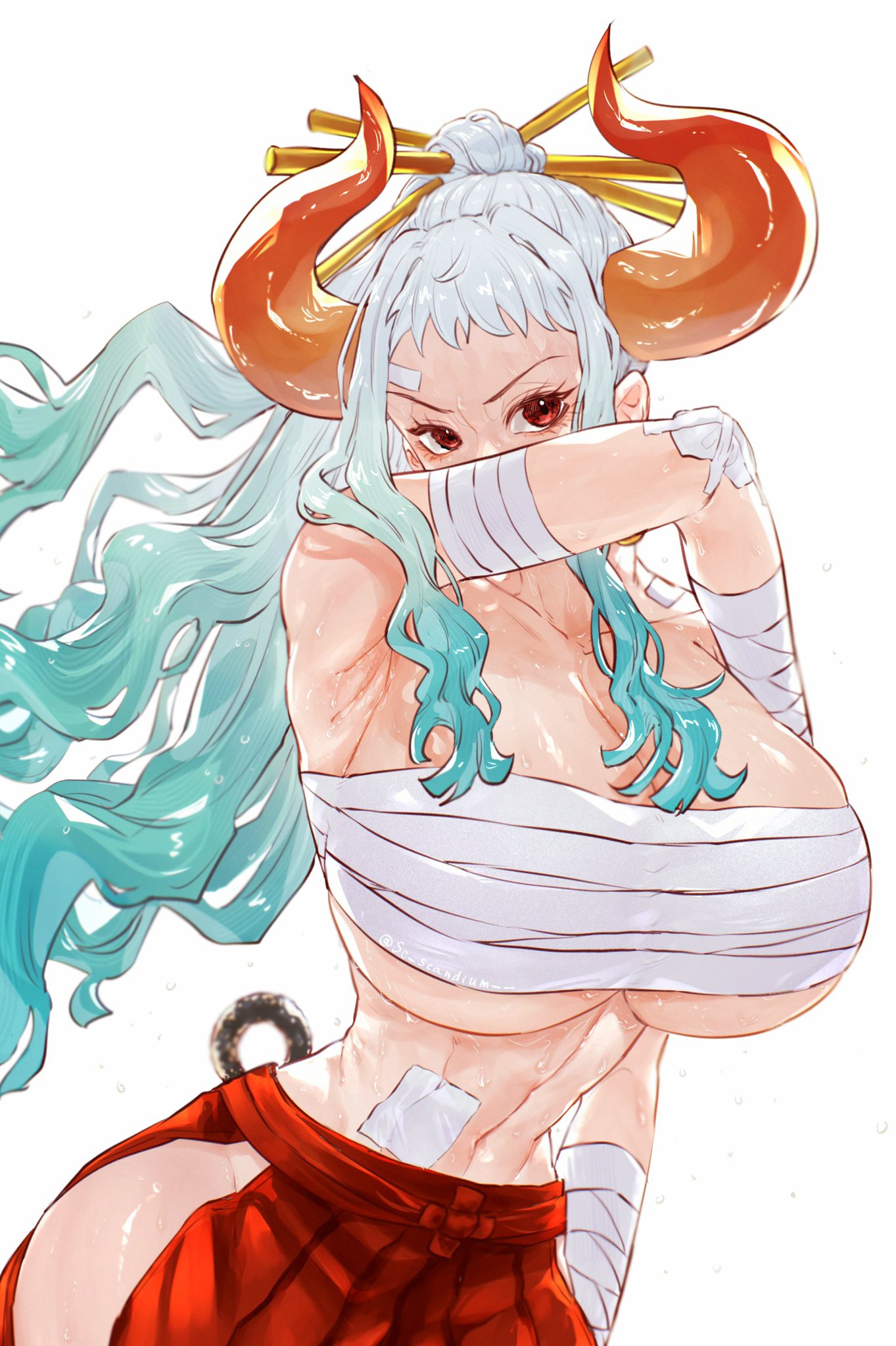 1girls, abs, bare arms, bare shoulders, big breasts, breasts, clothed, clothing, color, female, female focus, female only, fit, fit female, hi res, horns, large breasts, light skin, light-skinned female, long hair, looking at viewer, muscles, muscular, muscular female, one piece, orange eyes, sc scandium, shounen jump, solo, solo female, tagme, thick thighs, two-tone hair, white hair, white-haired female, yamato (one piece)
