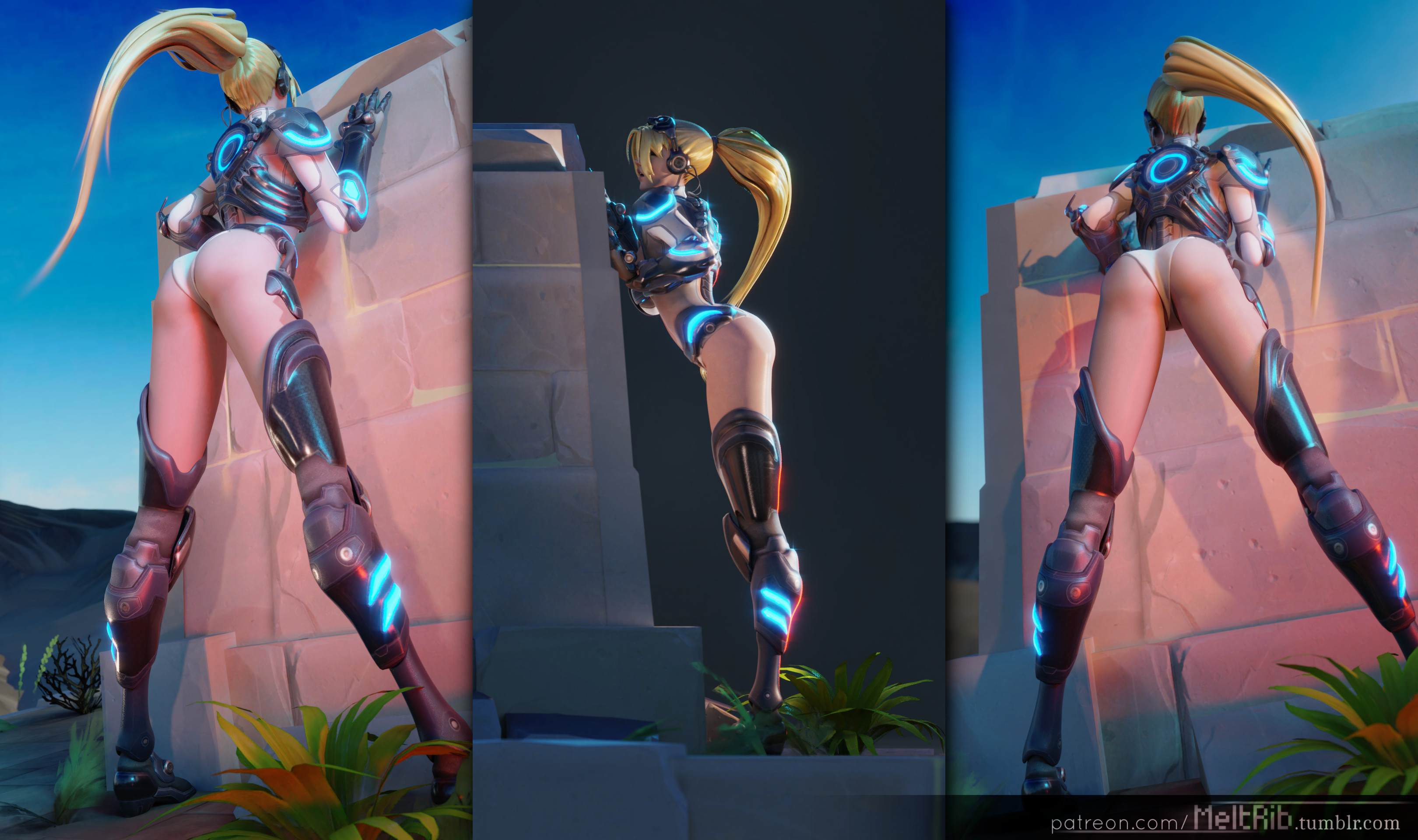 1girls, 3d, against wall, alternate costume, amelie lacroix, arched back, ass, blender, blizzard entertainment, blonde hair, breasts, crossover, female, female only, meltrib, multiple views, nova (starcraft), nova widowmaker, overwatch, panties, solo, solo female, standing, starcraft, starcraft 2, thong, underwear, widowmaker