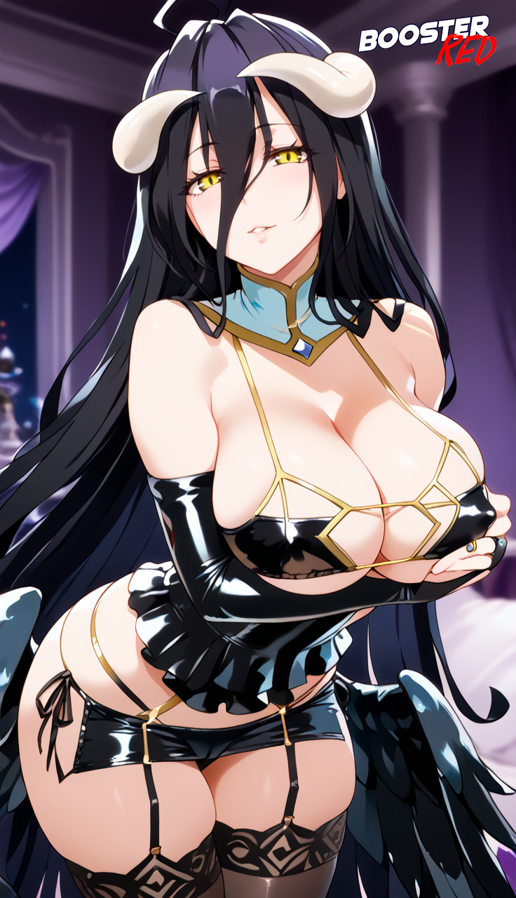 1girls adjusting_panties ai_generated albedo_(overlord) bare_shoulder black_hair bodycon boosterred99 bridal_gauntlets cameltoe cleavage clothing_cutout covered_navel covered_nipples cutout dress female female_only holding_breast horn horns large_breasts latex_panties leaning_forward long_hair overlord_(maruyama) post-timeskip ring seductive_smile shiny_clothes side-tie_panties side_locks sideboob skirt solo stockings succubus underboob wavy_hair white_hair yellow_eyes