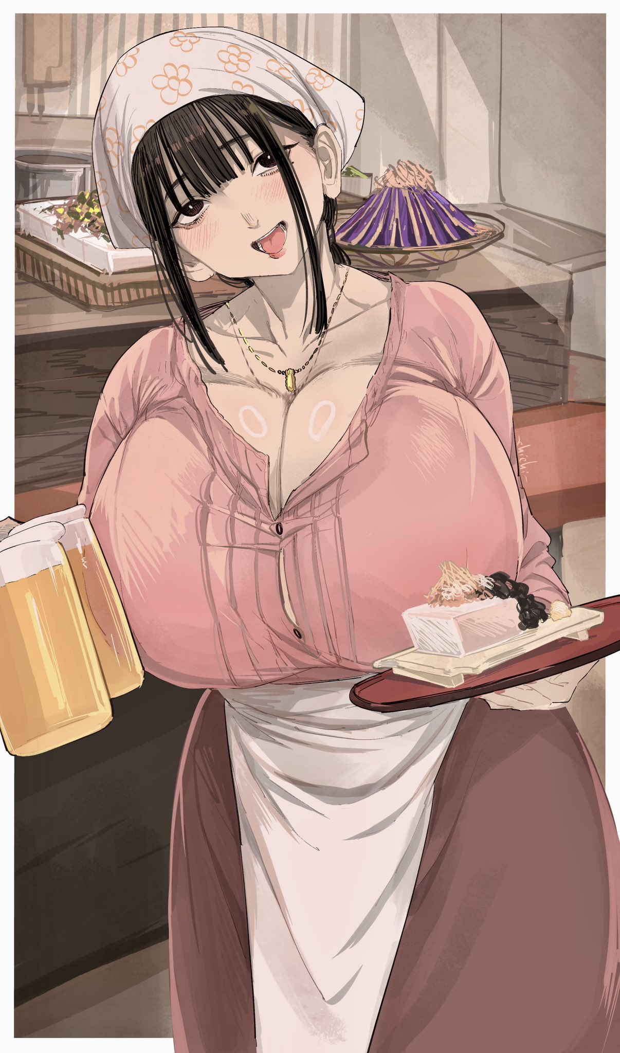 1girls breasts_bigger_than_head chichi8181 chichi_8181 huge_breasts hyper hyper_breasts looking_at_viewer solo_female tagme waitress