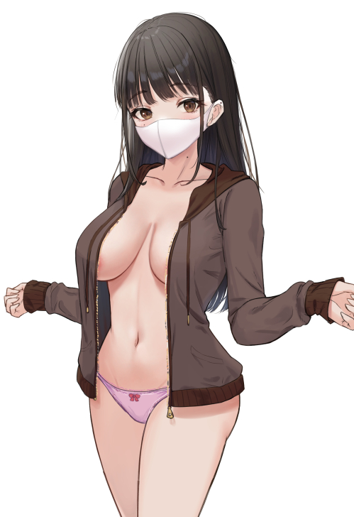 1girls areolae bare_belly bare_breasts bare_chest bare_hands bare_legs bare_midriff bare_navel bare_skin bare_thighs bare_torso belly belly_button black_hair black_hair_female breasts brown_coat brown_eyes brown_eyes_female brown_jacket brown_topwear cleavage coat collarbone dot_nose exposed exposed_belly exposed_breasts exposed_legs exposed_midriff exposed_thighs exposed_tits female female_focus female_only fingers gohei_(aoi_yuugure) groin head_tilt hourglass_figure jacket large_breasts legs legs_together light-skinned_female light_skin long_hair looking_at_viewer mask mole mole_on_neck mole_under_eye navel original original_art original_artwork original_character panties pink_panties pink_underwear ribbon_panties shoulders simple_background slender_body slender_waist slim_girl slim_waist solo standing thick_thighs thighs thin_waist tilted_head topwear underwear upper_body v-line white_background white_mask wide_hips