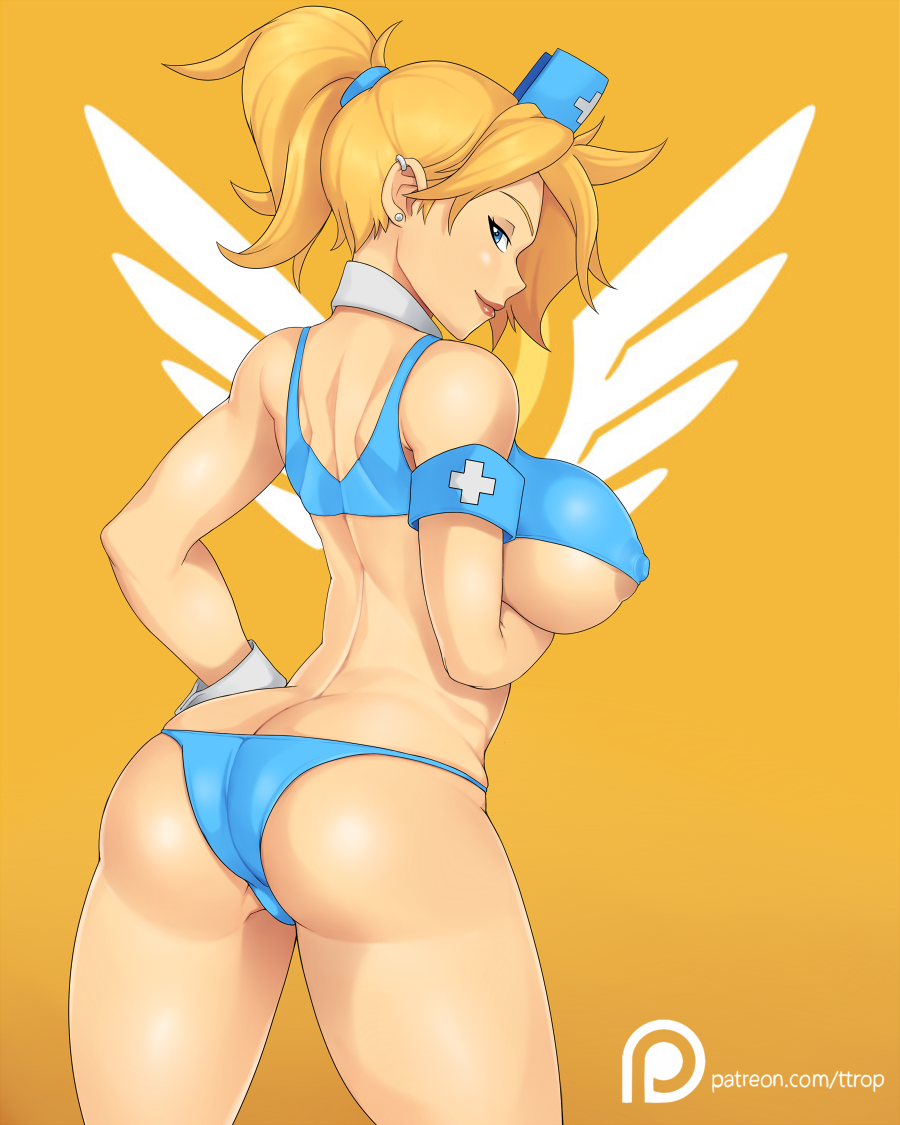 1girls, big breasts, blizzard entertainment, blonde hair, blue eyes, breasts, female, female only, large breasts, mercy, nipples, nurse, overwatch, smile, solo, ttrop, video games