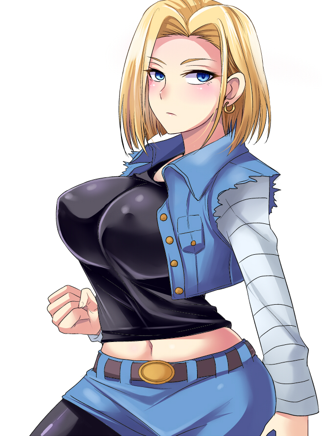 android 18, blonde hair, blue eyes, breasts, dragon ball, earrings, female, female only, nishida megane, solo