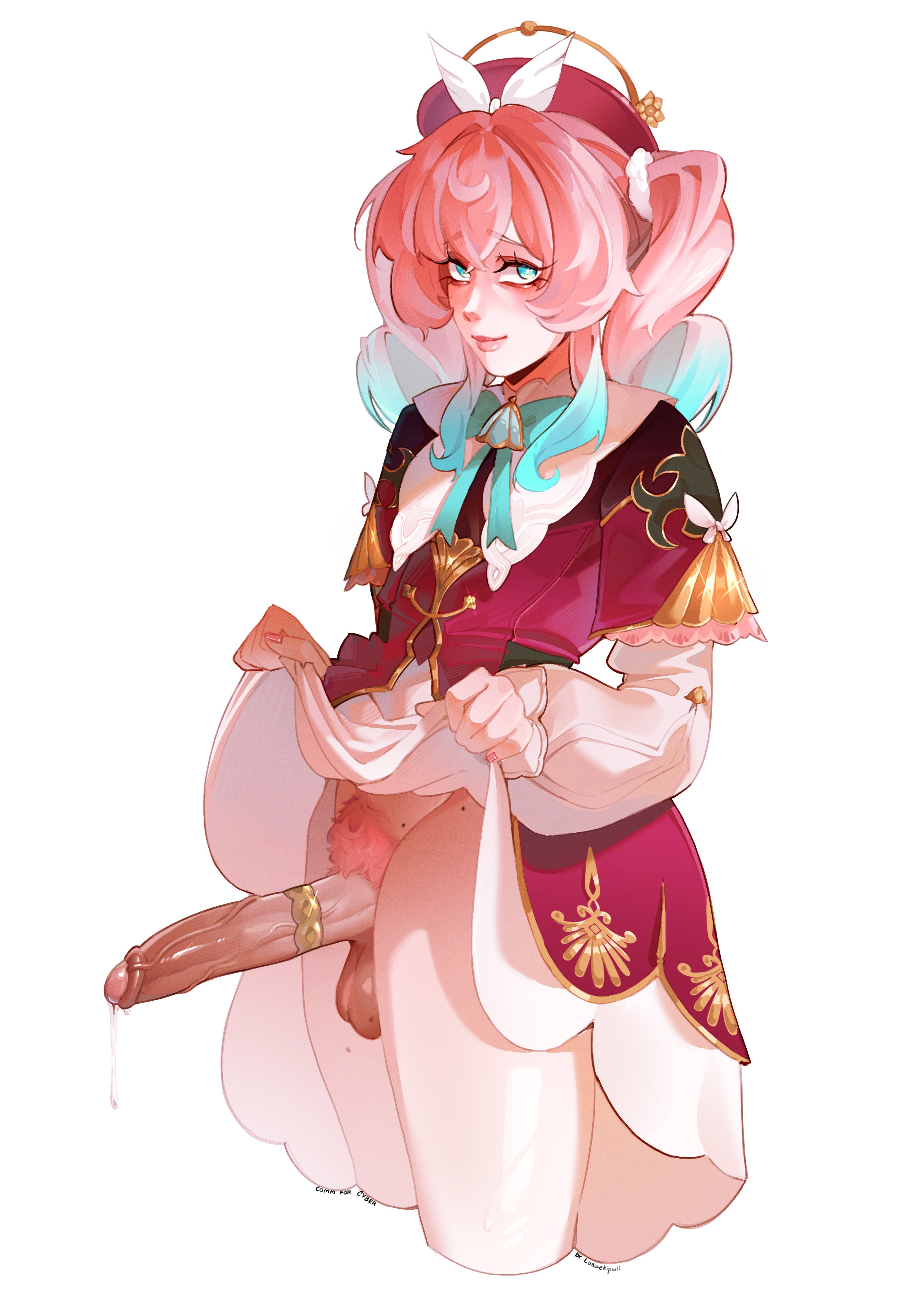 1futa, beret, blue eyes, blue hair, blush, bottomless, bow, closed mouth, clothed, clothing, cock ring, dress, dress lift, erection, feet out of frame, futa only, futanari, gradient hair, hat, honkai (series), honkai: star rail, human, hyacine (honkai: star rail), light skin, long hair, looking at viewer, mole, mole on thigh, mostly clothed, multicolored hair, penis, pink hair, precum, precum drip, pubic hair, skirt, skirt lift, solo, twintails, uncensored, wktfrv47n