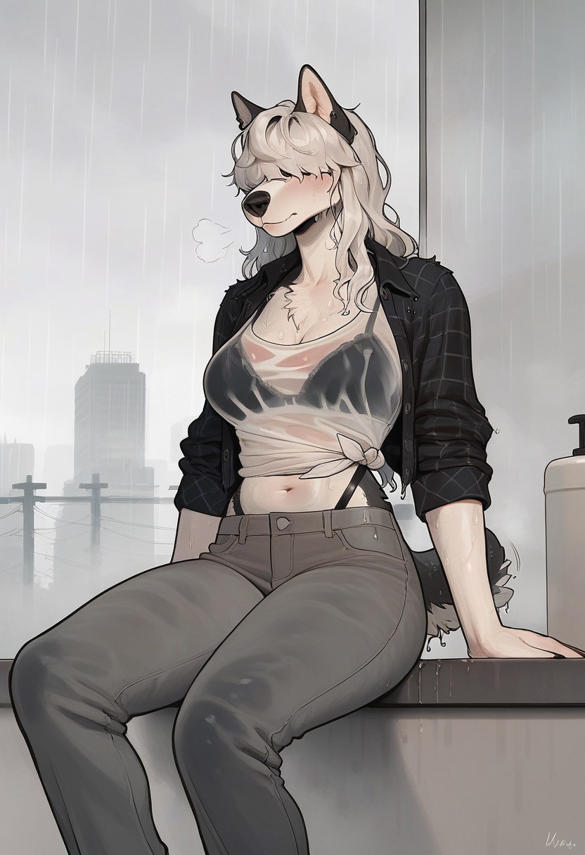 ai_generated baggy_clothing baggy_pants big_ass blush bra bra_visible_through_clothes button_down_shirt canine civitai dog_ears dog_girl eyes_covered female female_focus female_only flannel front_view furry furry_only furry_tail hair_between_eyes hair_covering_eye husky ihatethemic jeans looking_at_viewer looking_back medium_breasts nordic_sled_dog oc original_character pants rain raining sharp_teeth sitting solo solo_female solo_focus sweat sweaty sweaty_body t-shirt tagme thick_ass thick_thighs unbuttoned unbuttoned_shirt wet wet_body wet_shirt whale_tail whale_tail_(clothing) white_fur white_hair wide_hips