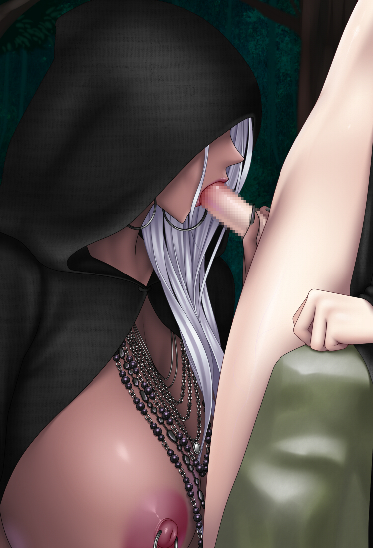 areolae, baru (val-val), big breasts, breasts, censored, erection, fellatio, female, hooded cloak, hooded robe, large breasts, male, nipple piercing, nipples, oral, penis, piercing, straight