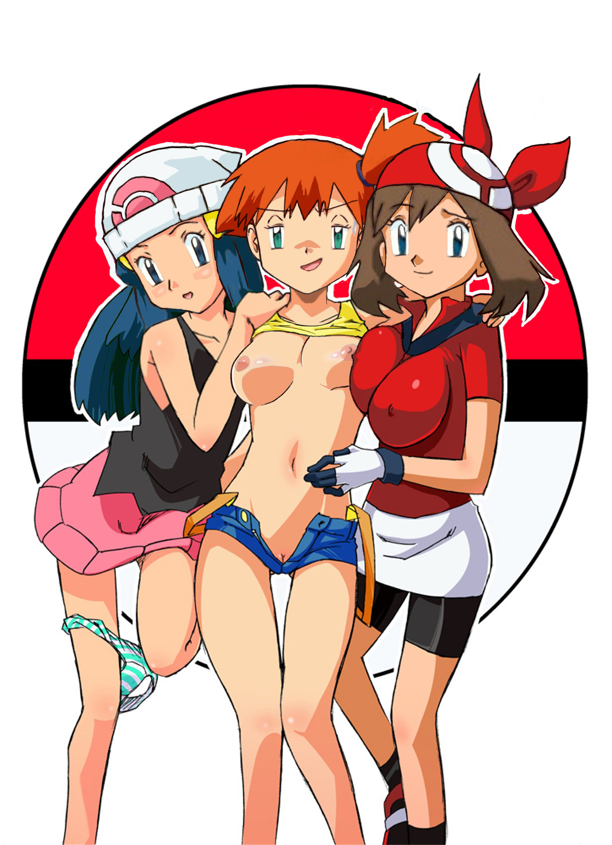 3girls, breasts, dawn (pokemon dp), dawn (pokemon), female, female only, high resolution, human, human only, kasumi (pokemon), may (pokemon rs), may (pokemon), multiple females, multiple girls, pokemon, pokemon dppt, pokemon frlg, pokemon rse, trio, yuri