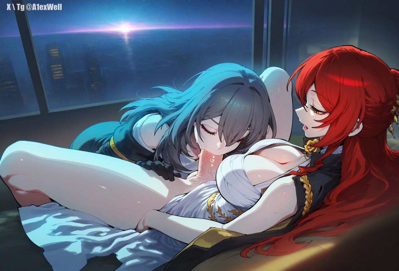 1futa, a1exwell, ai generated, balls, cleavage, closed eyes, deepthroat, fellatio, female, futa on female, futa/female, futanari, himeko (honkai: star rail), honkai: star rail, indoors, intersex, night, precum drip, spread legs, stable diffusion, stelle (honkai: star rail), testicles