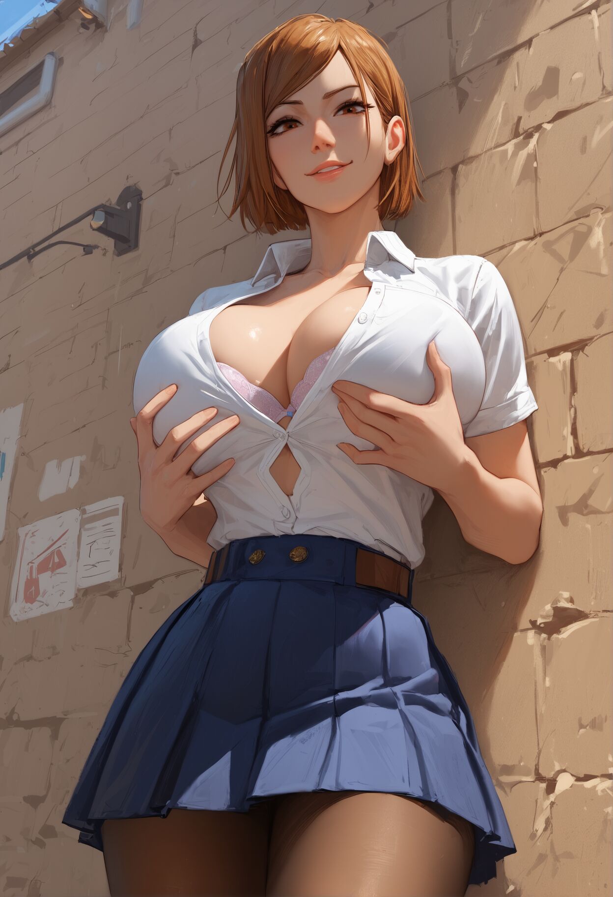 against_wall ai_generated big_breasts bra bra_peek cleavage euskyart holding_breasts jujutsu_kaisen kugisaki_nobara open_clothes open_shirt pantyhose presenting_breasts school_uniform uniform