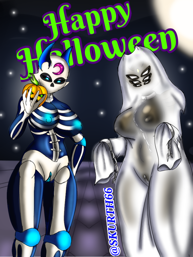 2girls big_breasts black_nipples black_skin blue_nipples ghost_costume halloween hollow_knight luna_(skur) nude_female oc pussy skurth66