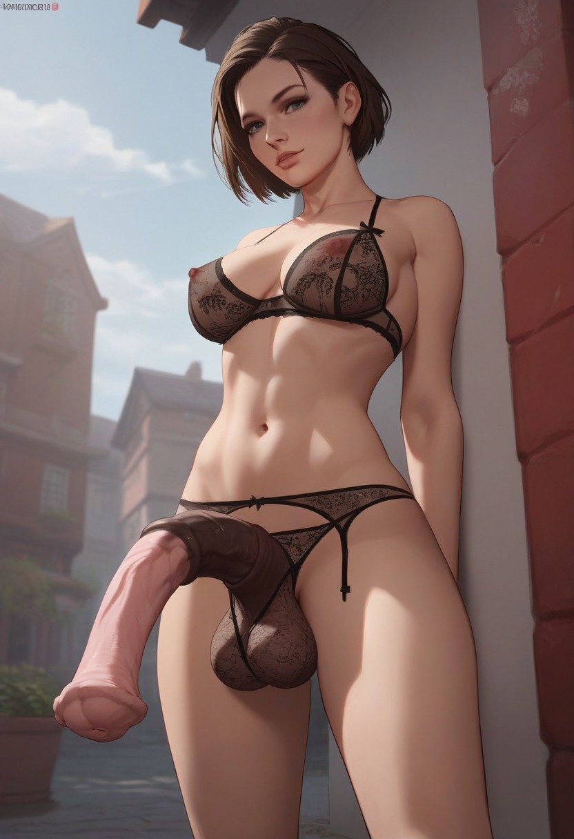 1futa ai_generated ball_bulge balls_in_panties bra breasts clothing dalan063 futanari horsecock human_with_animal_genitalia human_with_horsecock jill_valentine lingerie panties resident_evil resident_evil_3 resident_evil_3_remake transformation underwear