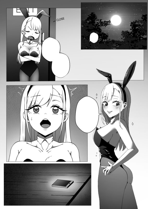 1girls anime anime_style black_and_white bunny_ears bunny_girl commission commission_art female gyaru kitagawa_marin manga moonlight netorare night seductive skru sono_bisque_doll_wa_koi_wo_suru speech_bubble surprised_expression ugly_man