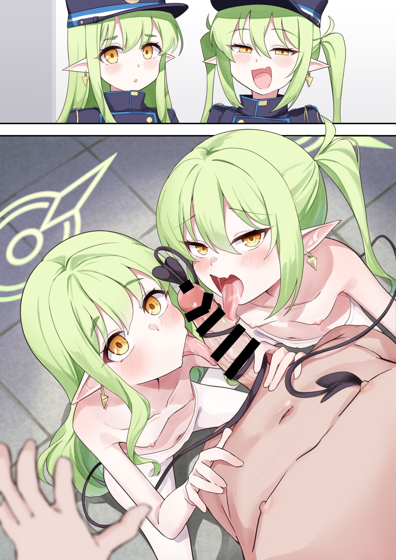 blowjob blue_archive golden_eyes green_hair hikari_(blue_archive) licking nozomi_(blue_archive) shirtless