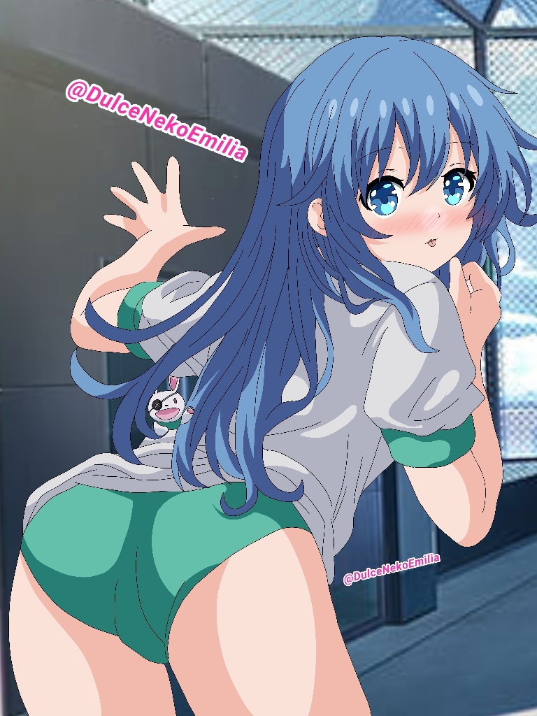 1girls 2d 2d_(artwork) ass ass_focus back_view blue_eyes blue_hair date_a_live dulcenekoemilia gym_clothes gym_shorts gym_uniform himekawa_yoshino light-skinned_female long_hair looking_at_viewer rooftop shirt shorts solo solo_female thighs yoshinon