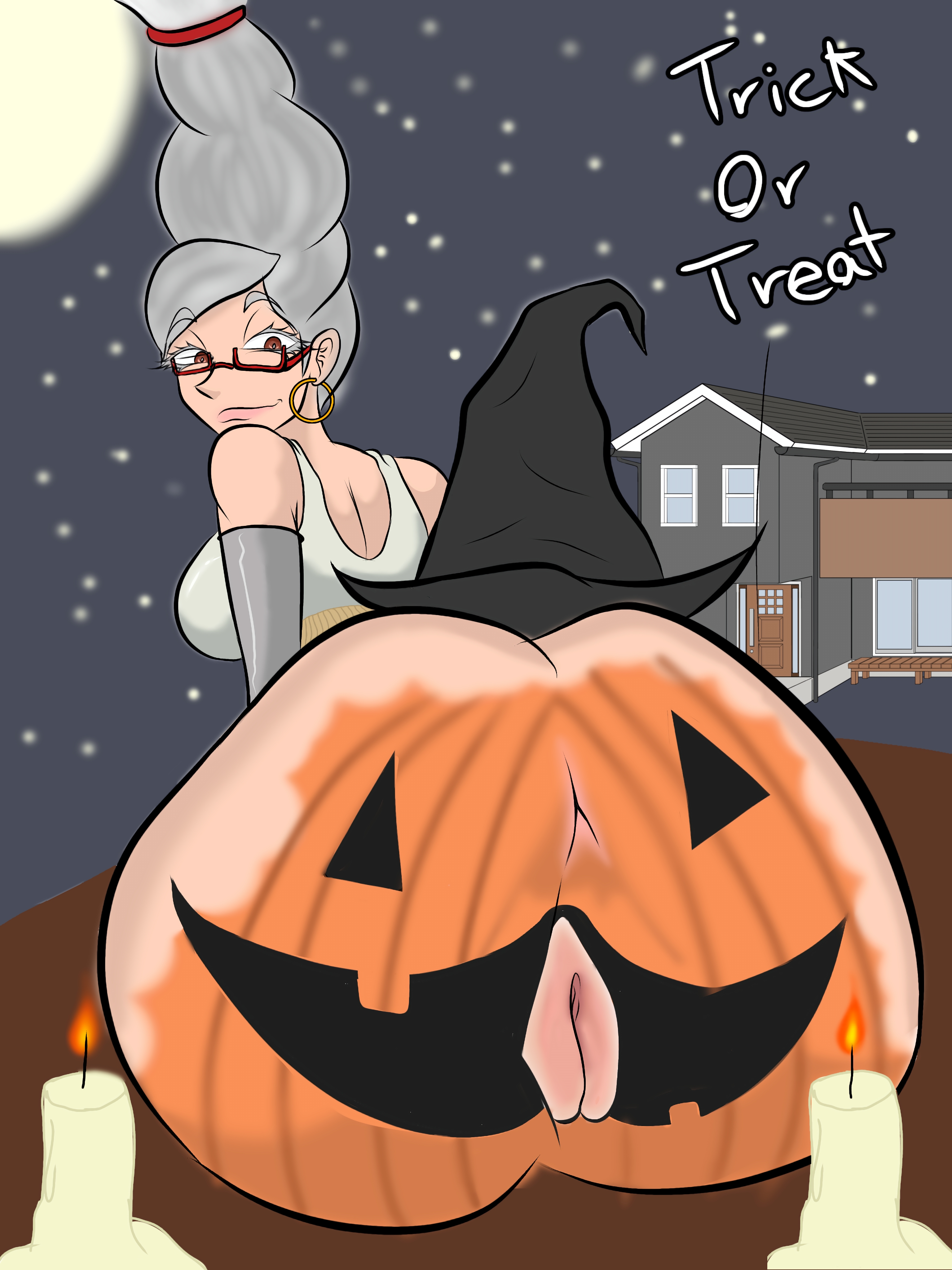 anus, ass, ass focus, ayase seiko, big ass, big breasts, body paint, breasts, dandadan, female, female focus, glasses, grey hair, halloween, huge ass, legs, pumpkin butt, pussy, pussy juice, vagina
