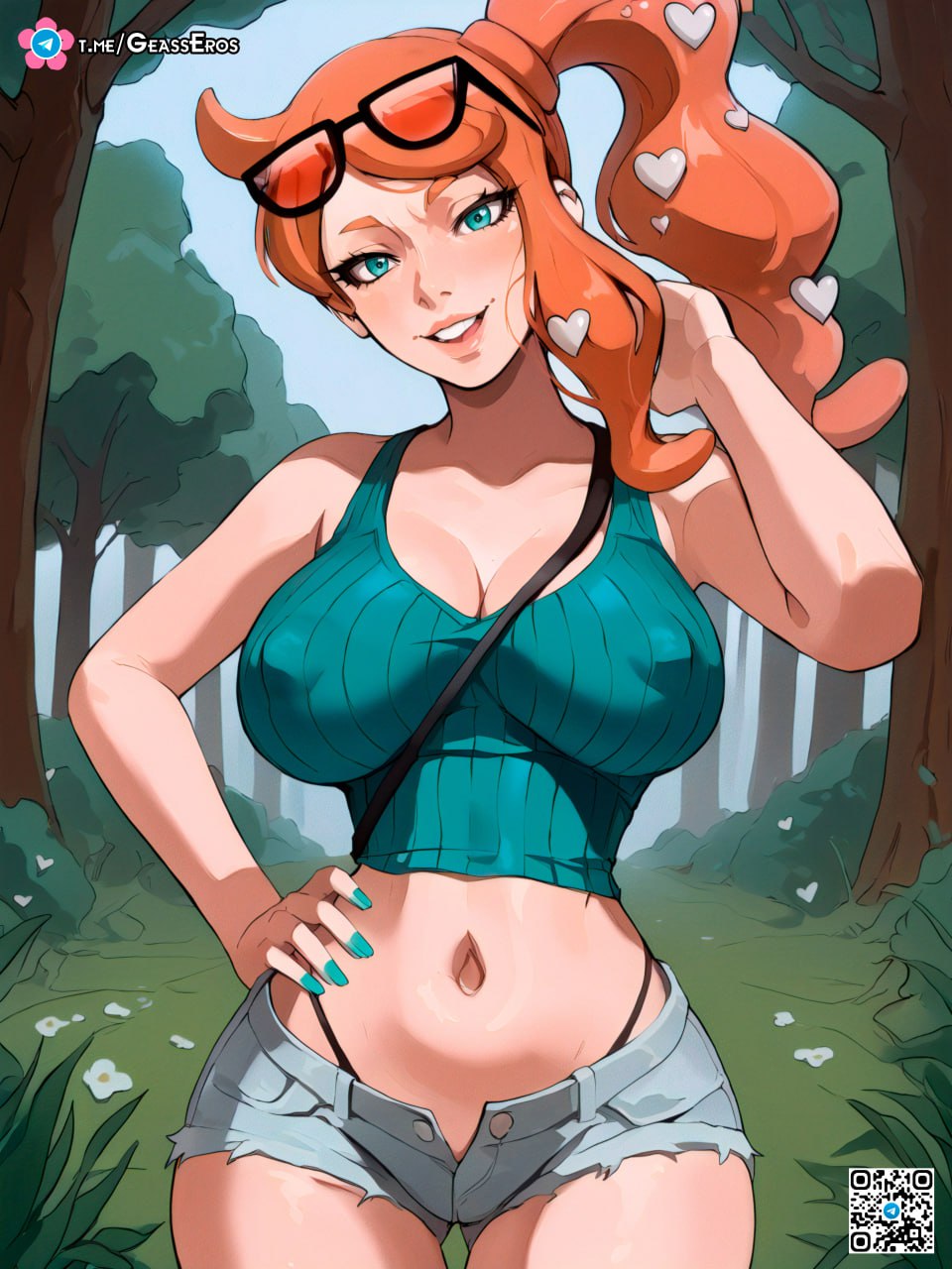 ai_generated crop_top erect_nipples erect_nipples_under_clothes female geasseros ginger midriff orange_hair pokemon short_shorts shorts solo sonia_(pokemon) thong_straps unbuttoned_shorts