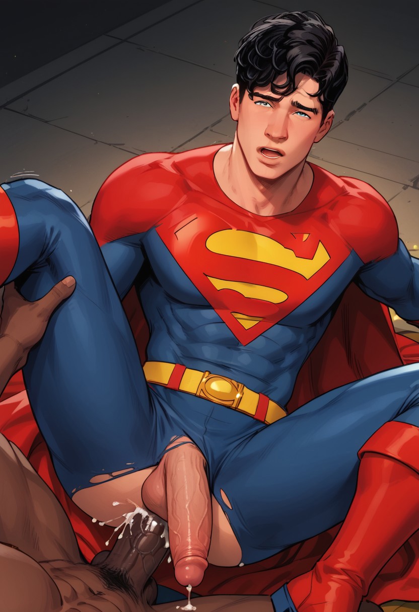 abs ai_generated anal_sex balls bara blacked_male clothed clothed_sex cum_in_ass cum_inside dc dc_comics foreskin foreskin_folds gay interracial jon-el jonathan_kent male male_only muscular muscular_male penis retracted_foreskin superboy superboy_(jonathan_kent) superherosuckerrr superman_(series) uncircumcised