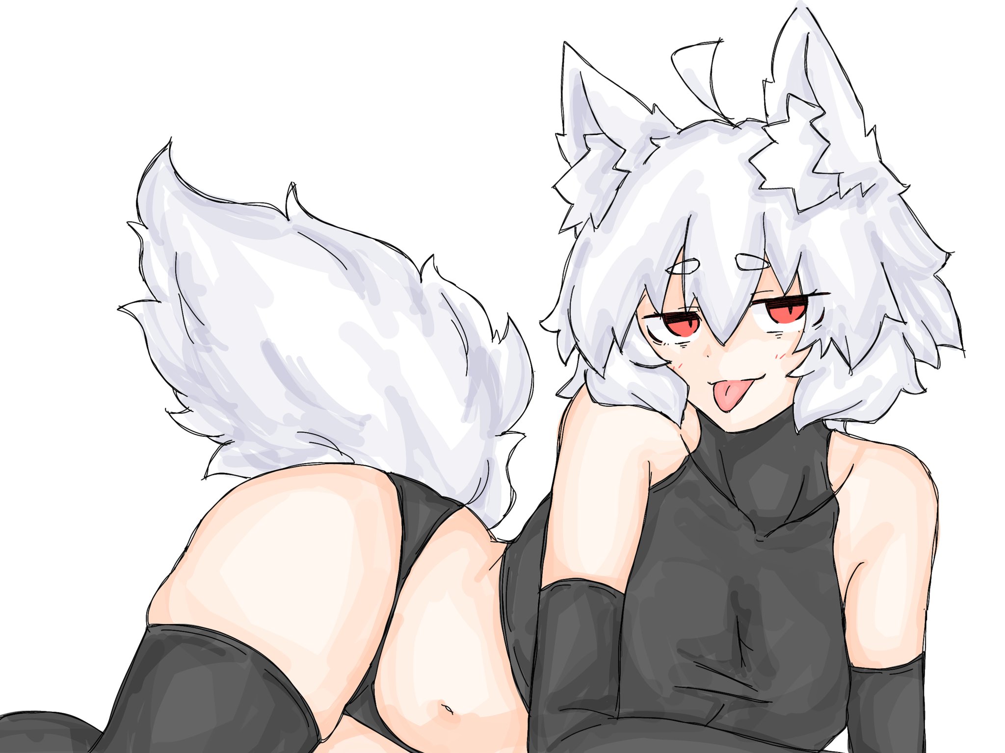 black panties, black shirt, blush, breast focus, breasts, cat ears, female, fumomono6500, large breasts, looking at viewer, lying, momiji inubashiri, on floor, panties, red eyes, shirt, suggestive, suggestive look, tail, thick thighs, thighhighs, tongue, tongue out, touhou, white hair