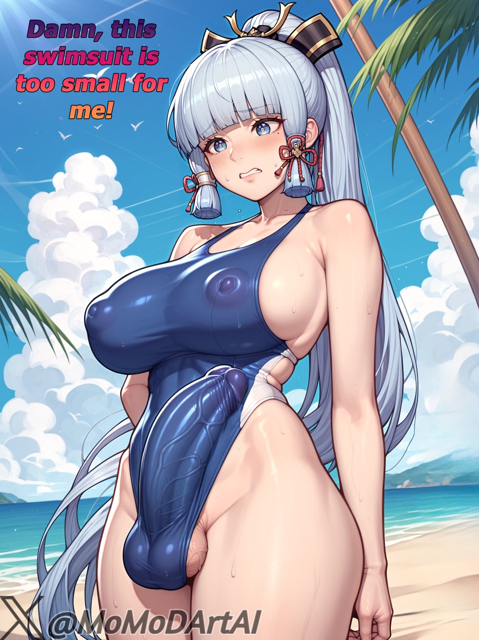 1futa ai_generated beach blue_eyes blue_hair blue_swimsuit blush breasts covered_nipples english_text erection erection_under_clothes futa_only futanari genshin_impact kamisato_ayaka large_penis momodart one-piece_swimsuit penis solo_futa stable_diffusion tagme teeth testicles