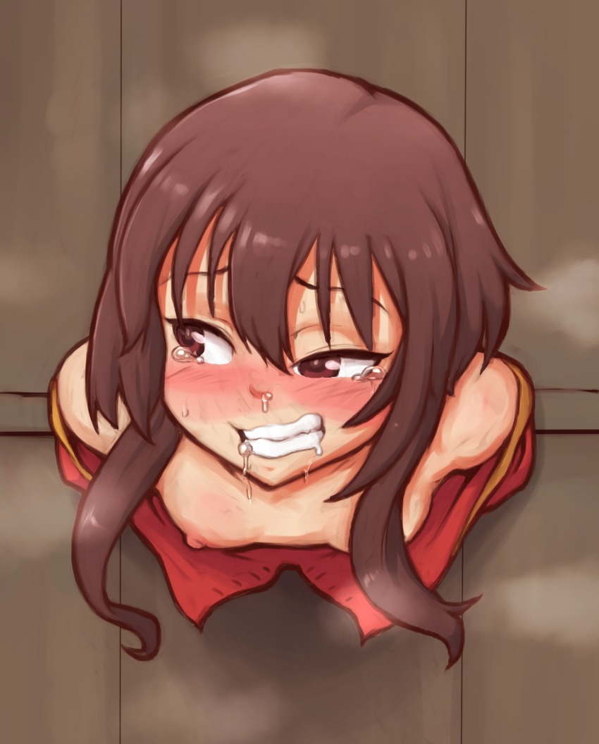 1girls, bare shoulders, bent over, blush, breasts, clenched teeth, dress, erect nipples, female, female only, half-closed eyes, highres, kono subarashii sekai ni shukufuku wo!, megumin, nipples, no bra, off shoulder, pillory, public use, randomboobguy, rape, saliva, small breasts, smile, solo, stuck in wall, tears, through wall, upper body, wall, wavy mouth