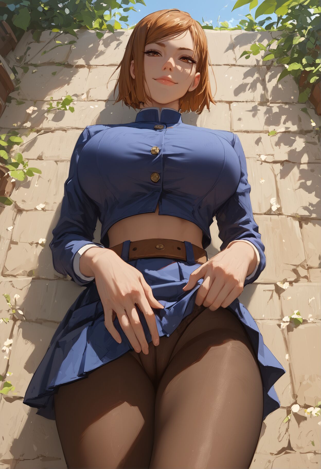 1girls, against wall, ai generated, big breasts, breasts, euskyart, female, female only, human, jujutsu kaisen, kugisaki nobara, panties, pantyhose, school uniform, skirt lift, solo, uniform