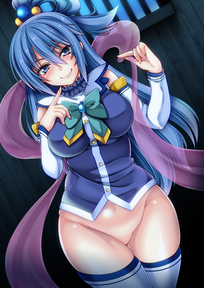 1girl aqua_(konosuba) blue_eyes blue_hair blue_shirt blush breasts detached_sleeves female hair_between_eyes hair_bobbles kizaki_yuuri kono_subarashii_sekai_ni_shukufuku_wo! long_hair no_panties ribbon smile solo thighhighs thighs