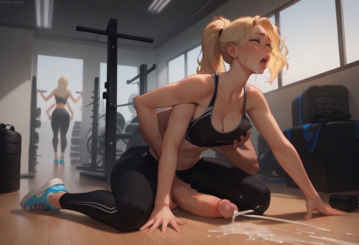 1futa, 1girls, ai generated, breast grab, breasts, clothed, clothing, cum, cumming, dalan063, female, futanari, gym, gym clothes, intersex, masturbation, multi arm, multi limb, public, transformation