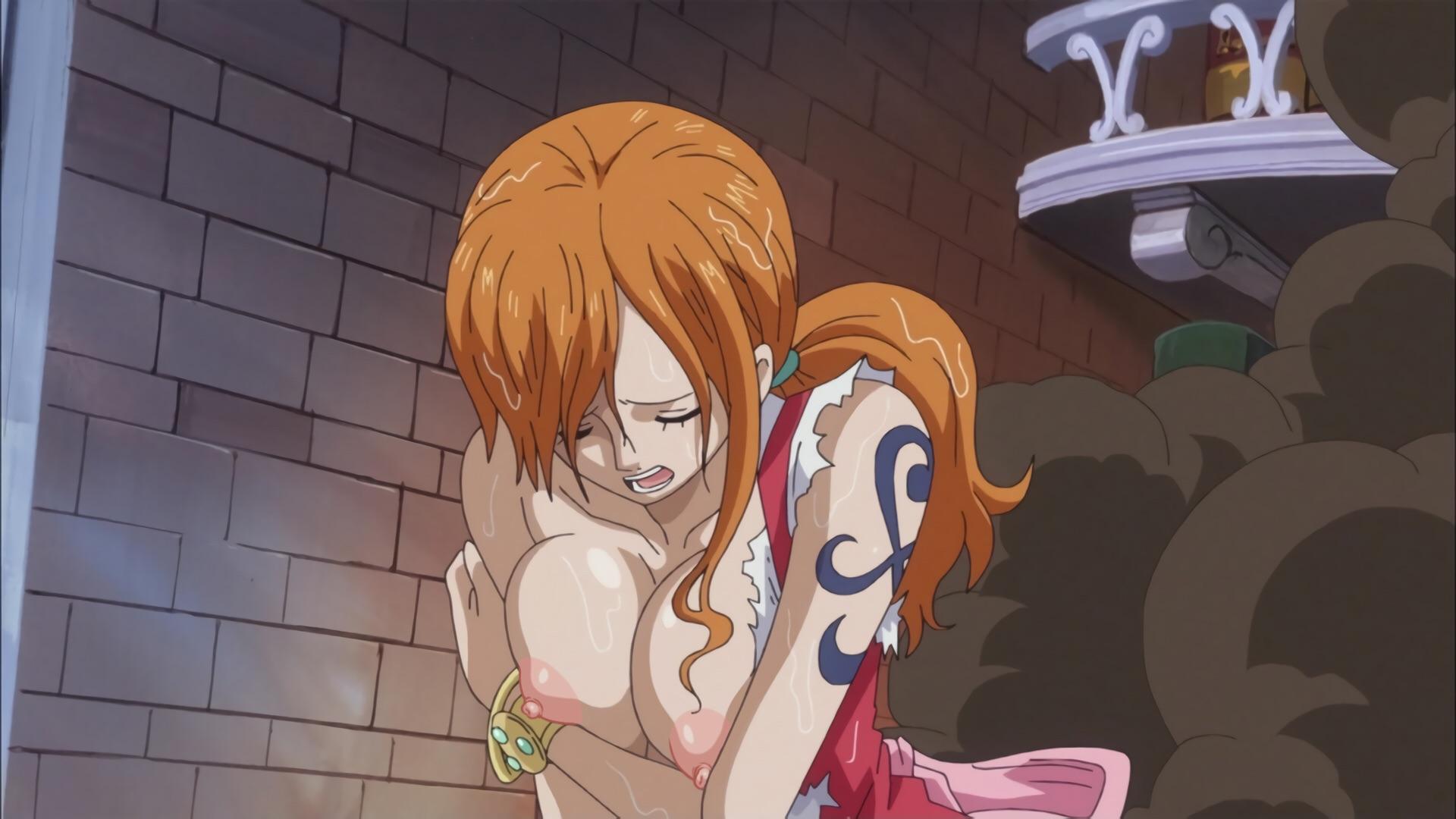 1girls, arm tattoo, artist request, breasts, breasts out, edit, female, female only, log pose, long hair, nami (one piece), nipples, nude filter, one piece, orange hair, orange-haired female, post-timeskip, ripped clothing, screenshot edit, topless, whole cake island