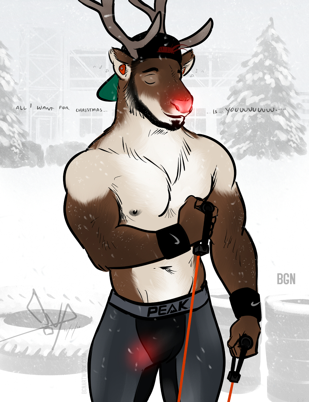 2020 abs anthro antlers arm_hair armpit_hair backwards_baseball_cap backwards_hat baseball_cap beard bgn biceps black_hair body_hair bulge chest_hair chest_tuft christmas closed_eyes clothed clothing deer detailed_bulge earbuds electronics evergreen_tree exercise facial_hair genital_outline genitals glowing glowing_genitalia glowing_nose glowing_penis glowing_underneath_clothes hair hat headgear headphones headwear hi_res holidays horn male mammal manly muscular navel new_world_deer nike nipples outside pants_only pecs penis penis_outline pine_tree plant reindeer resistance_band rudolph_the_red-nosed_reindeer singing snow snowing solo tight_clothing tire topless tree triceps tuft workout workout_clothing wristband