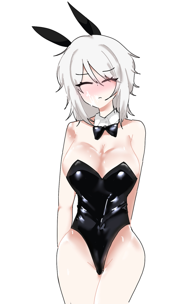 1girls big_breasts blue_eyes blush bunny_ears bunnysuit cleavage closed_eyes clothed_female cum cum_on_face faust_(limbus_company) female female_focus female_only large_breasts limbus_company project_moon short_hair solo white_hair wide_hips