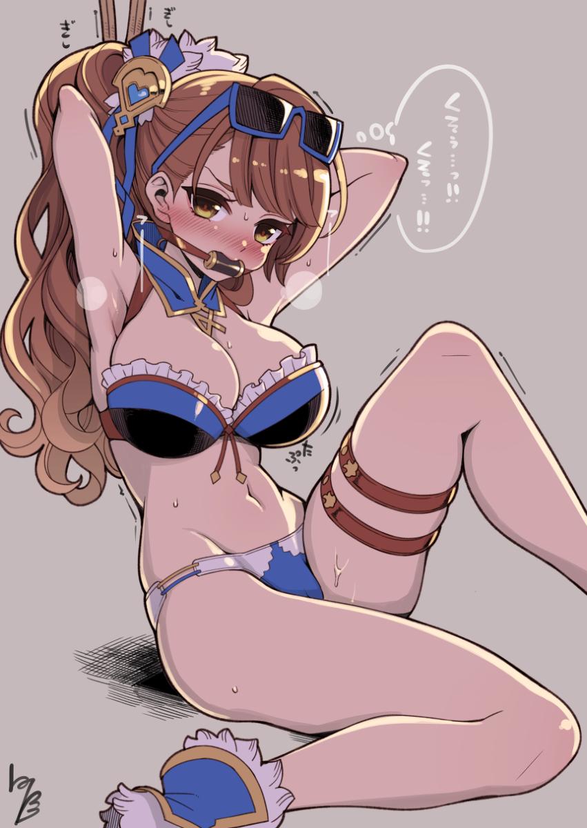 beatrix_(granblue_fantasy) bit_gag bondage brown_hair gag granblue_fantasy sunglasses sunglasses_on_head sweat sweatdrop swimsuit tied_up