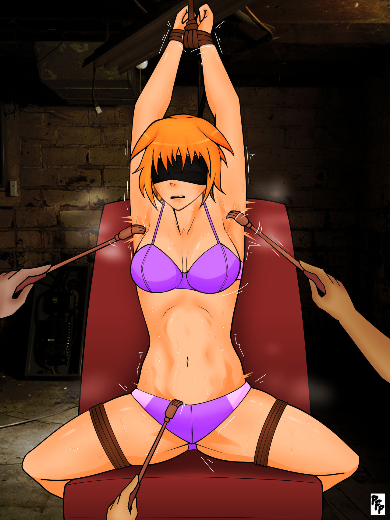 arms_up backscratcher bikini black_blindfold blindfold blonde_hair bondage bondage bound bound_arms bra highres molestation panties pink_bikini pink_bra pink_panties poking restrained seikon_no_qwaser swimsuit teasing teresa_beria tickle_torture tickling tickling_armpits tickling_legs underwear underwear_only