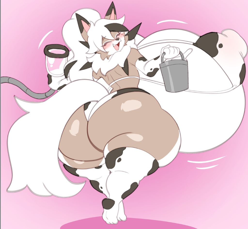 angstrom anthro bikini blush breasts bucket cow_print female furry garnet_(thicccomplex) huge_ass huge_breasts hyper hyper_ass hyper_breasts lycanroc milk milking_machine nintendo pokemon pokemon_(species) shortstack thighhighs