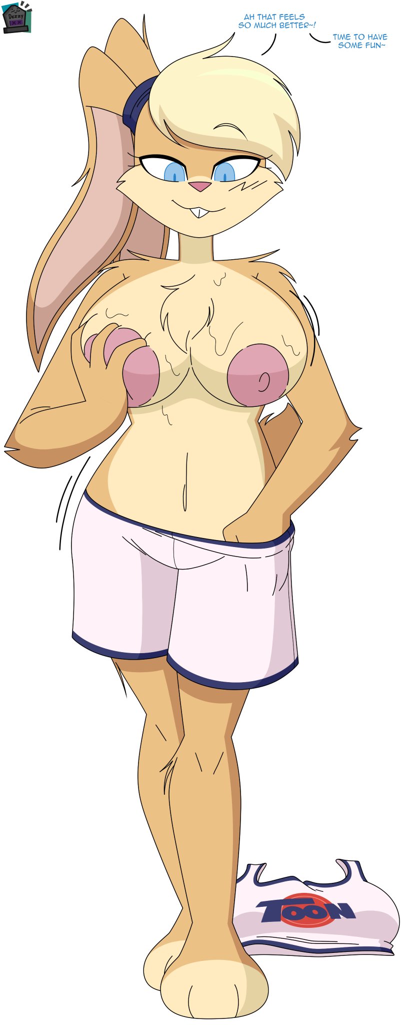 anthro basketball_uniform big_breasts blonde_hair bodily_fluids breast_grab breasts clothing dezzy_draws dialogue digital_media_(artwork) english_text exposed_breasts female fondling fur gender_transformation hair hand_in_shorts hand_on_breast hi_res lagomorph leporid lola_bunny looney_tunes mammal nipples possession rabbit rule_63 self_fondle solo sportswear sweat text transformation uniform warner_brothers