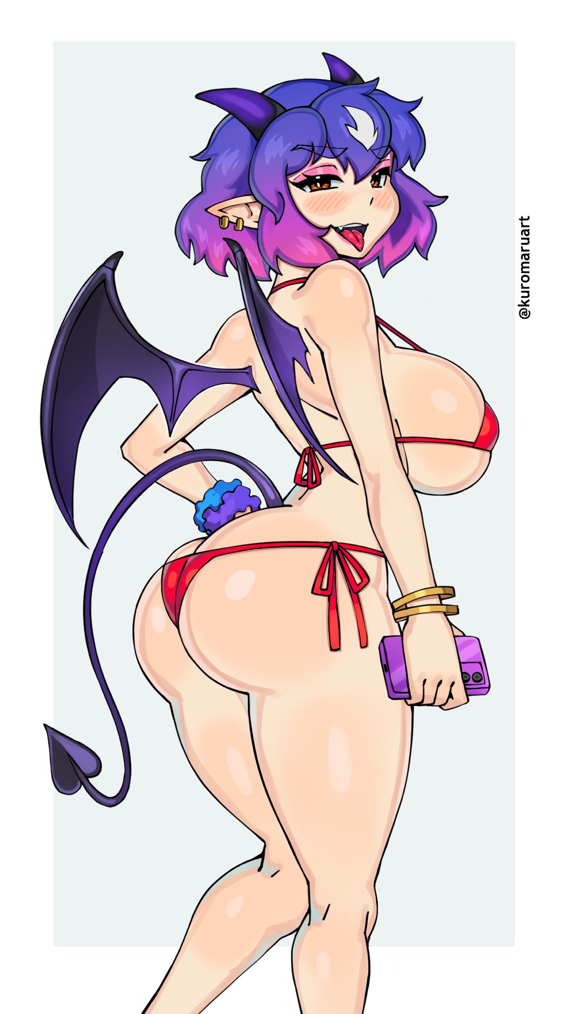 1girls ass ass_cleavage big_breasts bikini blue_hair blush bracelet butt_crack earrings female female_only hi_res holding_phone horns kuromaruart looking_at_viewer looking_back looking_back_at_viewer medium_hair narrowed_eyes original_character phone pink_hair pointy_ears smiling smiling_at_viewer solo succubus succubus_horns succubus_tail succubus_wings tail thick_ass thick_thighs tongue_out two_tone_hair vena_(sait0moriyama) wings