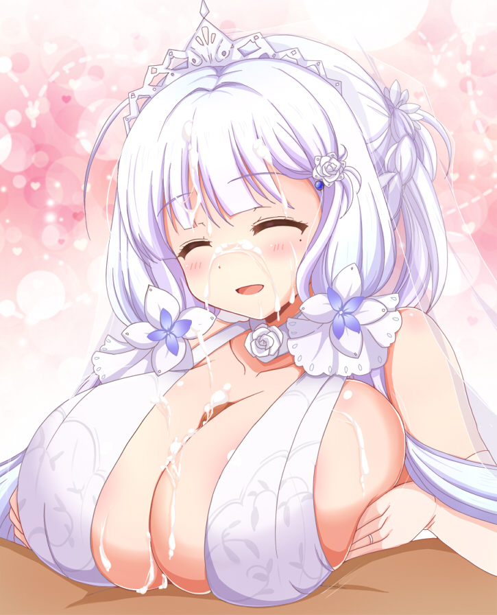 1boy, afuro, azur lane, bare shoulders, blush, breast squeeze, breasts, cleavage, closed eyes, collarbone, cum, cum on breasts, dress, elbow gloves, facial, female, gloves, hair ornament, huge breasts, illustrious (azur lane), long hair, male, paizuri, penis, ring, shiny, shiny skin, solo focus, straight, tiara, white gloves, white hair